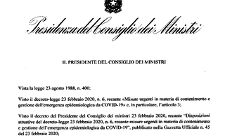 La prima pagina del decreto del governo sul Coronavirus