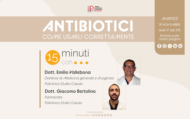 Antibiotici, come usarli correttamente. Se ne parla martedì con i consigli degli esperti nella puntata di “15 minuti con…”