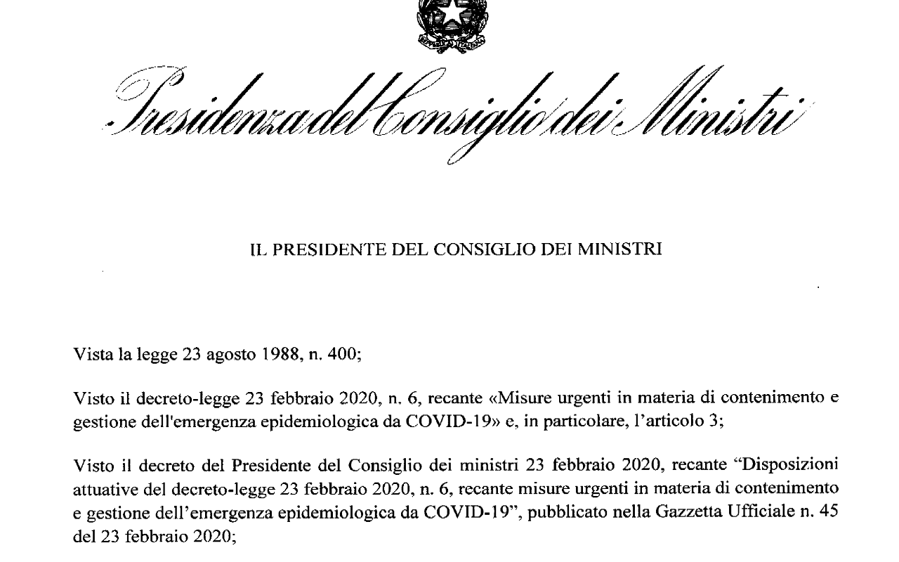 La prima pagina del decreto del governo sul Coronavirus