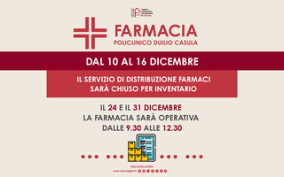 Farmacia del Policlinico, chiusura al pubblico per inventario e le feste